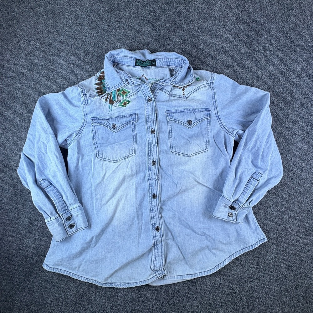 Fashion Express Western Shirt Womens XL Blue Denim Embroidered Cowgirl Button Up